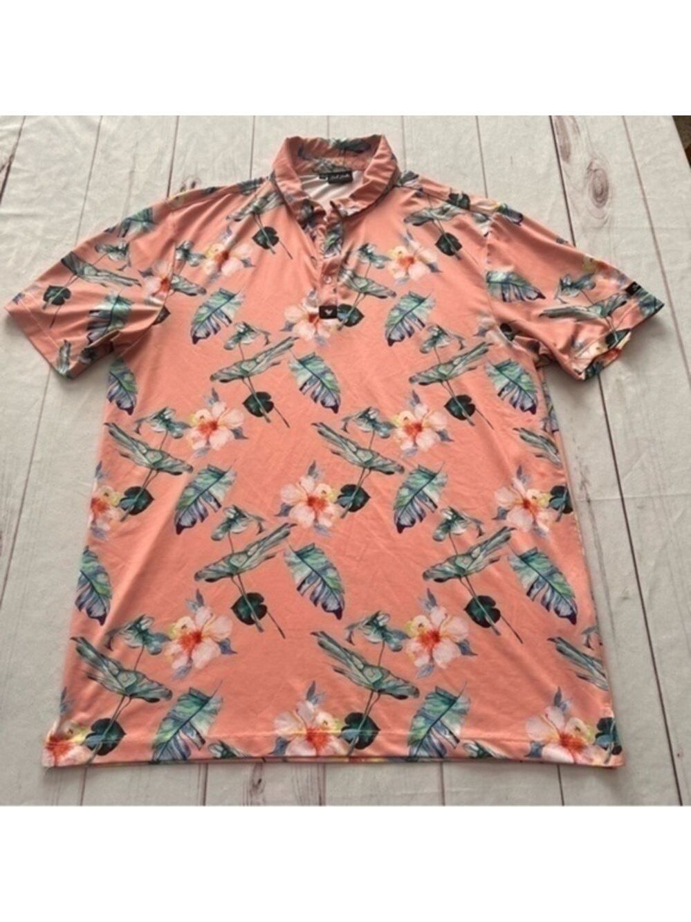 Bad Birdie Polo Mens Golf Orange Bird of Paradise Floral  Shirt Large Resortwear